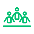 A green icon of three people standing next to each other.