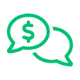 A green background with two speech bubbles and a dollar sign.